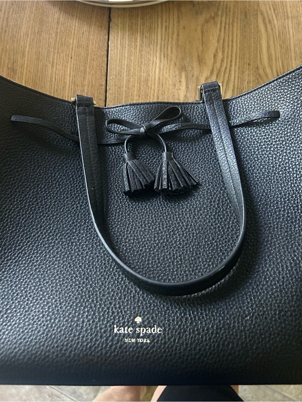 kate spade Black Pebbled Leather Tote with Tassel Bow